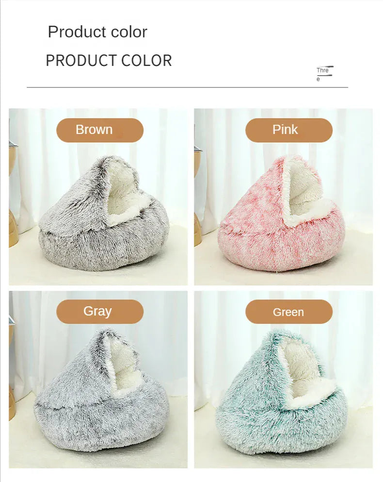 2-in-1 Cat Bed Winter Plush - Convertible Sleeping Bag & Round Cushion Pet Bed