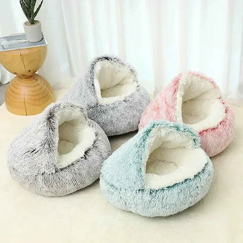 2-in-1 Cat Bed Winter Plush - Convertible Sleeping Bag & Round Cushion Pet Bed