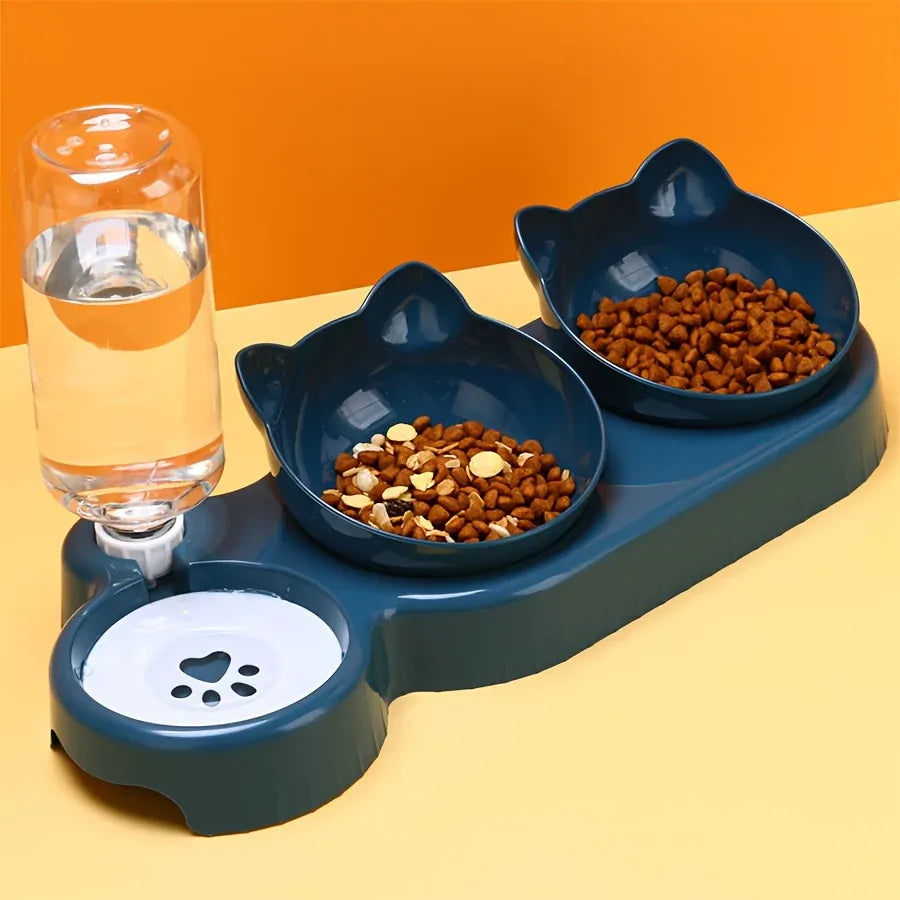 3-in-1 Ergonomic Cat Bowl Set - Tilted Food Dish with Gravity Water Dispenser