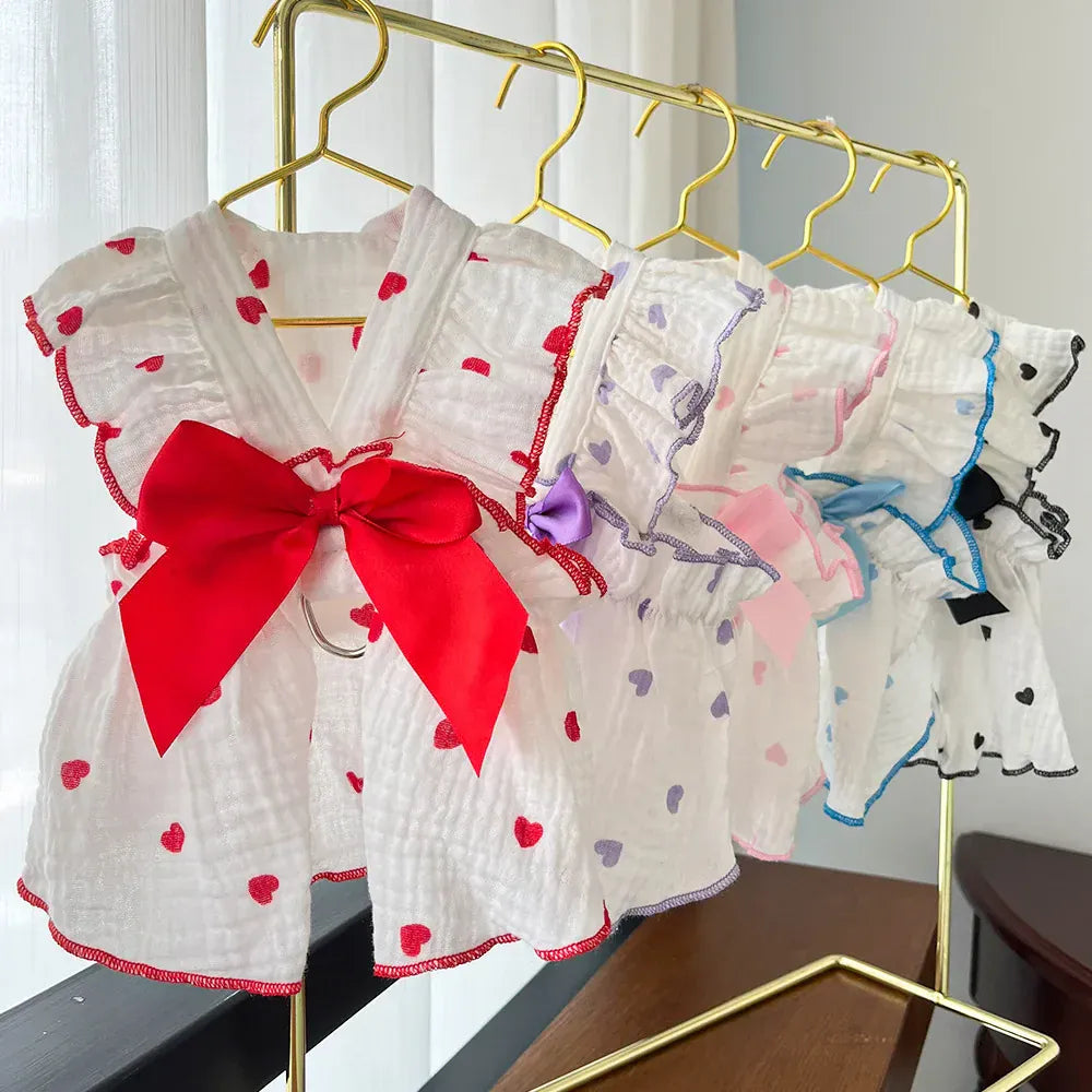 Cute Heart Print Pet Dress – Spring & Summer Cotton Outfit for Dogs & Cats | Lightweight Puppy Clothes for Small Pets