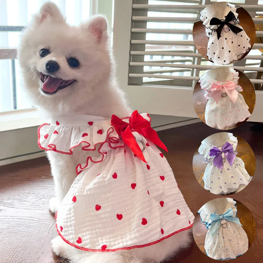 Cute Heart Print Pet Dress – Spring & Summer Cotton Outfit for Dogs & Cats | Lightweight Puppy Clothes for Small Pets