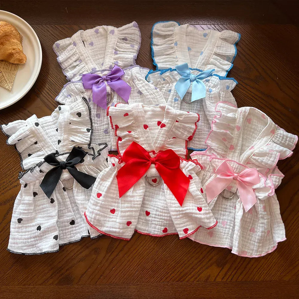 Cute Heart Print Pet Dress – Spring & Summer Cotton Outfit for Dogs & Cats | Lightweight Puppy Clothes for Small Pets