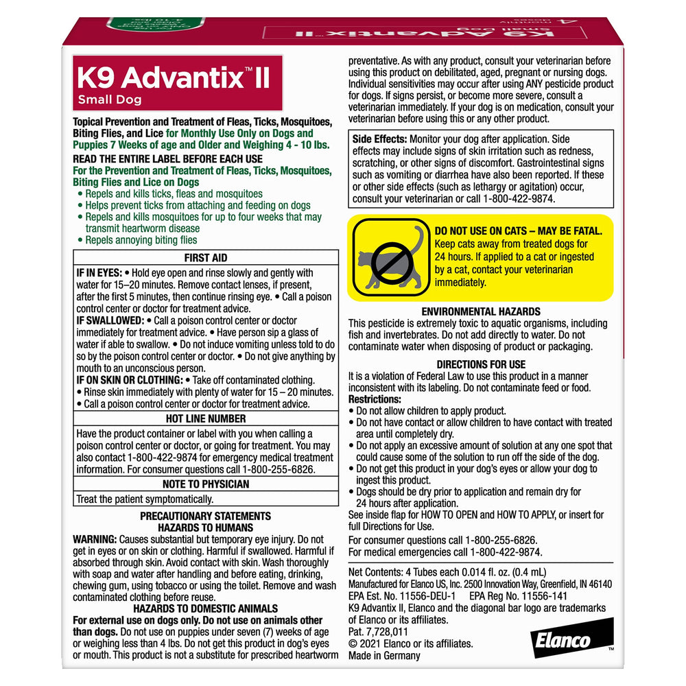 K9 Advantix II Small Dog – Vet-Recommended Flea, Tick & Mosquito Treatment for Dogs 4-10 lbs, 4-Month Supply