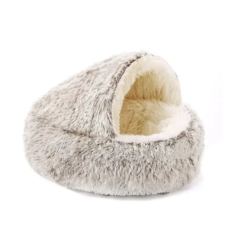 2-in-1 Cat Bed Winter Plush - Convertible Sleeping Bag & Round Cushion Pet Bed