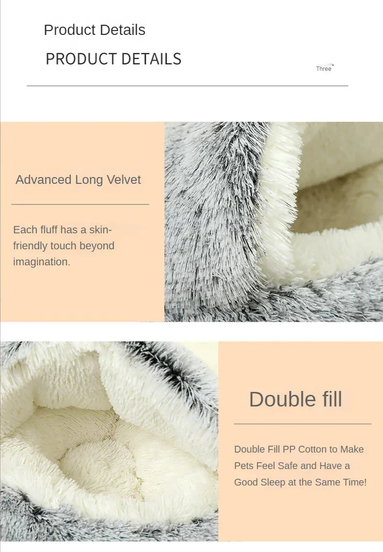 2-in-1 Cat Bed Winter Plush - Convertible Sleeping Bag & Round Cushion Pet Bed