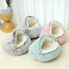 2-in-1 Cat Bed Winter Plush - Convertible Sleeping Bag & Round Cushion Pet Bed