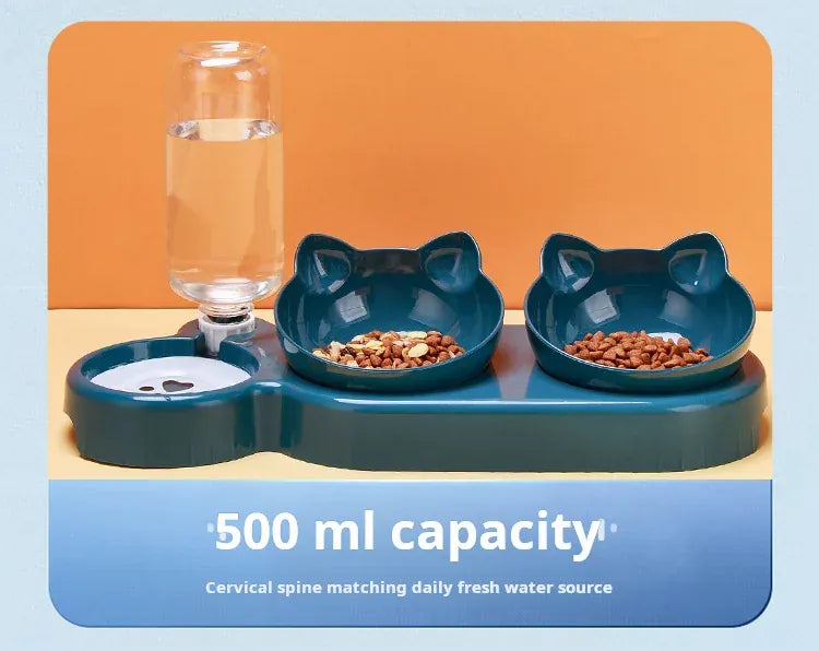 3-in-1 Ergonomic Cat Bowl Set - Tilted Food Dish with Gravity Water Dispenser