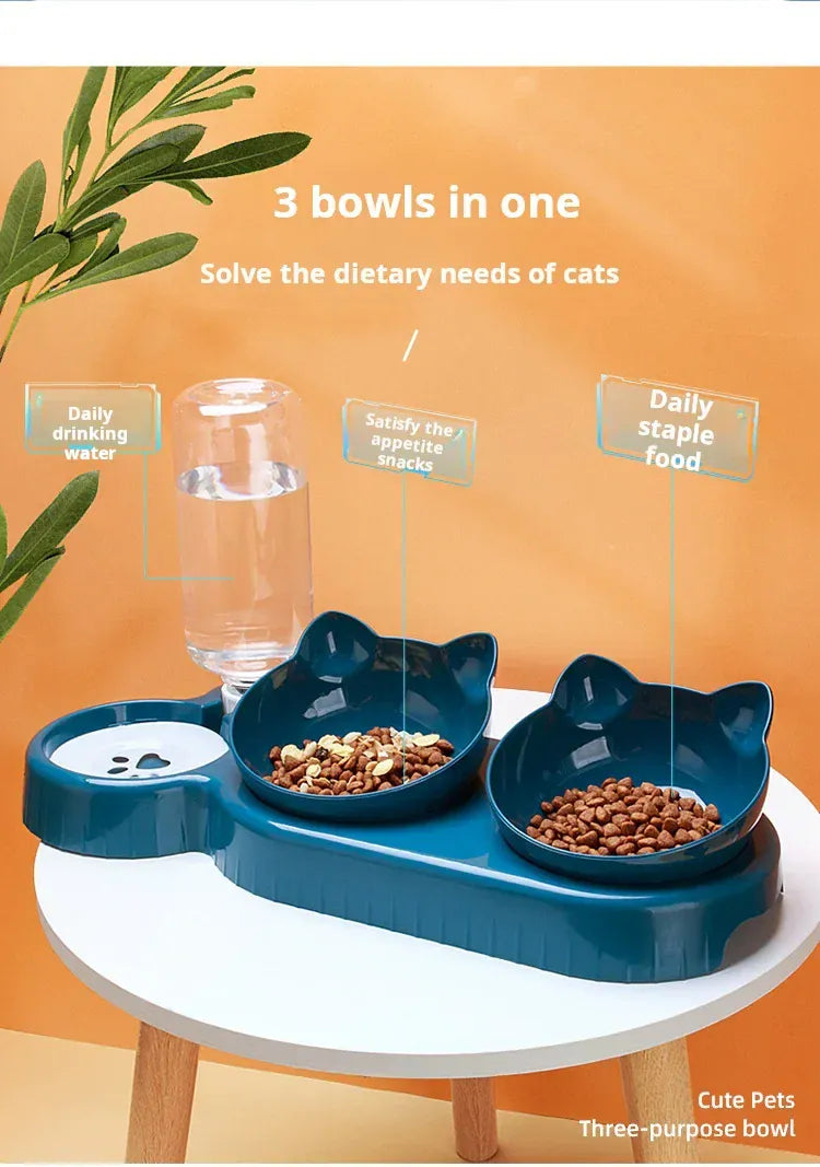 3-in-1 Ergonomic Cat Bowl Set - Tilted Food Dish with Gravity Water Dispenser