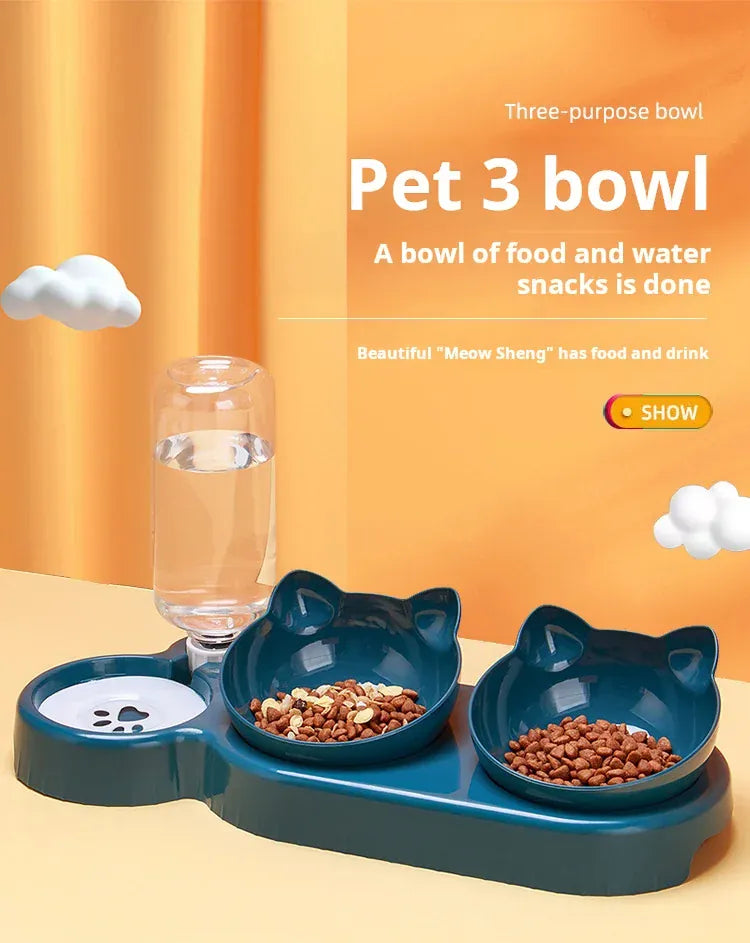 3-in-1 Ergonomic Cat Bowl Set - Tilted Food Dish with Gravity Water Dispenser