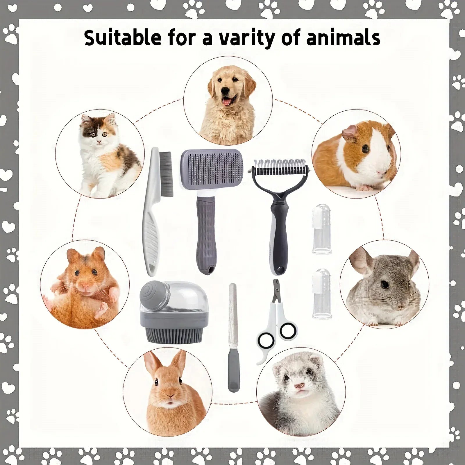 8pcs Dog Grooming Kit | Self-Cleaning Pet Grooming Set with Nail Clippers, Flea Comb, Shampoo Brush & Hair Remover