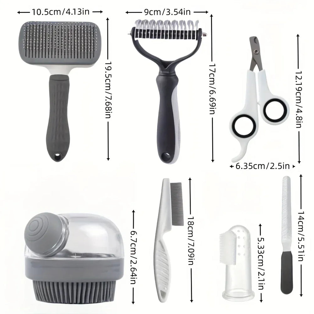 8pcs Dog Grooming Kit | Self-Cleaning Pet Grooming Set with Nail Clippers, Flea Comb, Shampoo Brush & Hair Remover