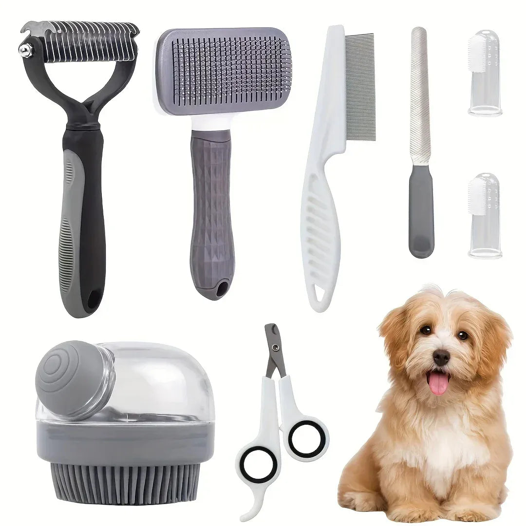 8pcs Dog Grooming Kit | Self-Cleaning Pet Grooming Set with Nail Clippers, Flea Comb, Shampoo Brush & Hair Remover
