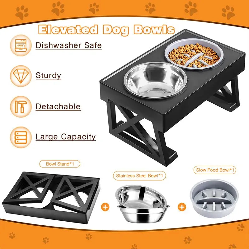 Adjustable Elevated Dog Bowl Stand - 3-Height Raised Feeder with Slow Feed Inserts