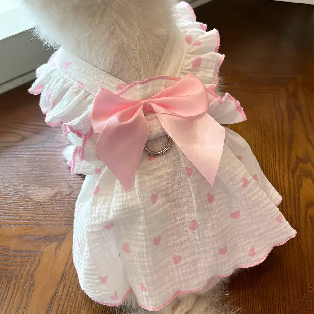 Cute Heart Print Pet Dress – Spring & Summer Cotton Outfit for Dogs & Cats | Lightweight Puppy Clothes for Small Pets