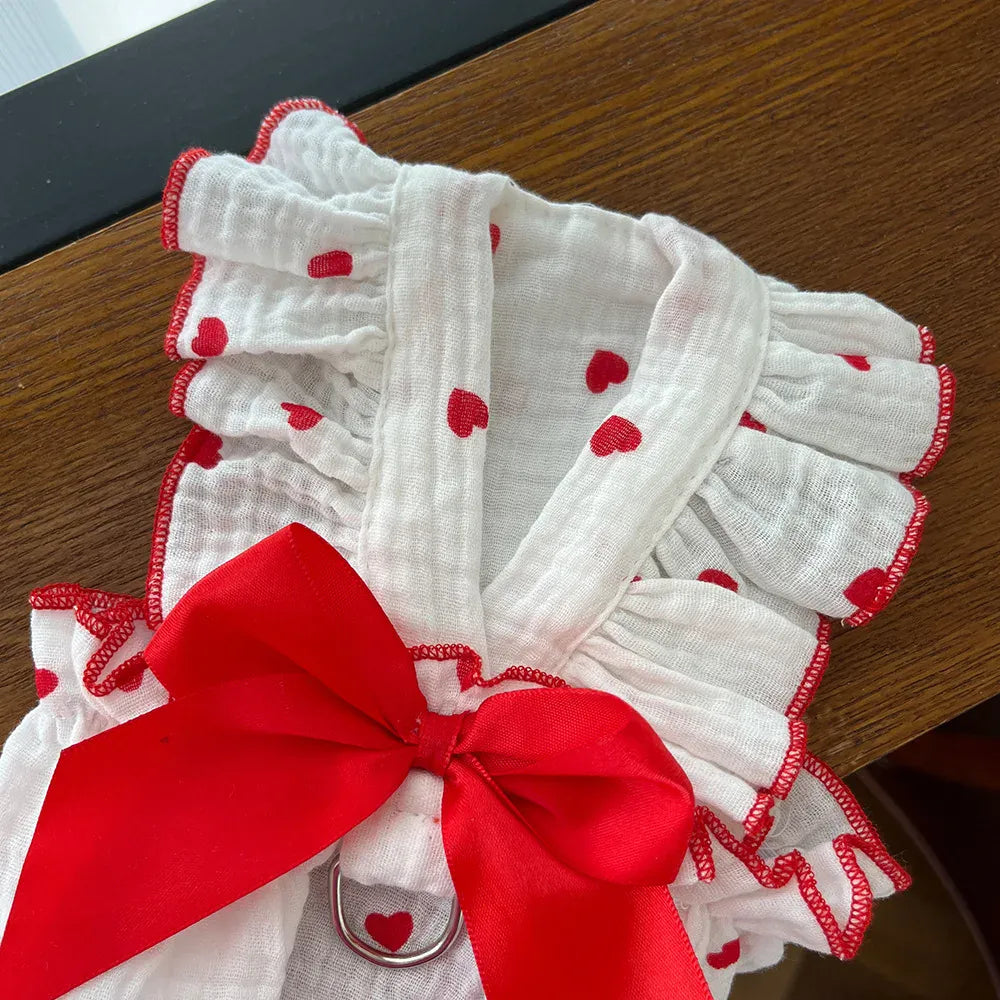 Cute Heart Print Pet Dress – Spring & Summer Cotton Outfit for Dogs & Cats | Lightweight Puppy Clothes for Small Pets