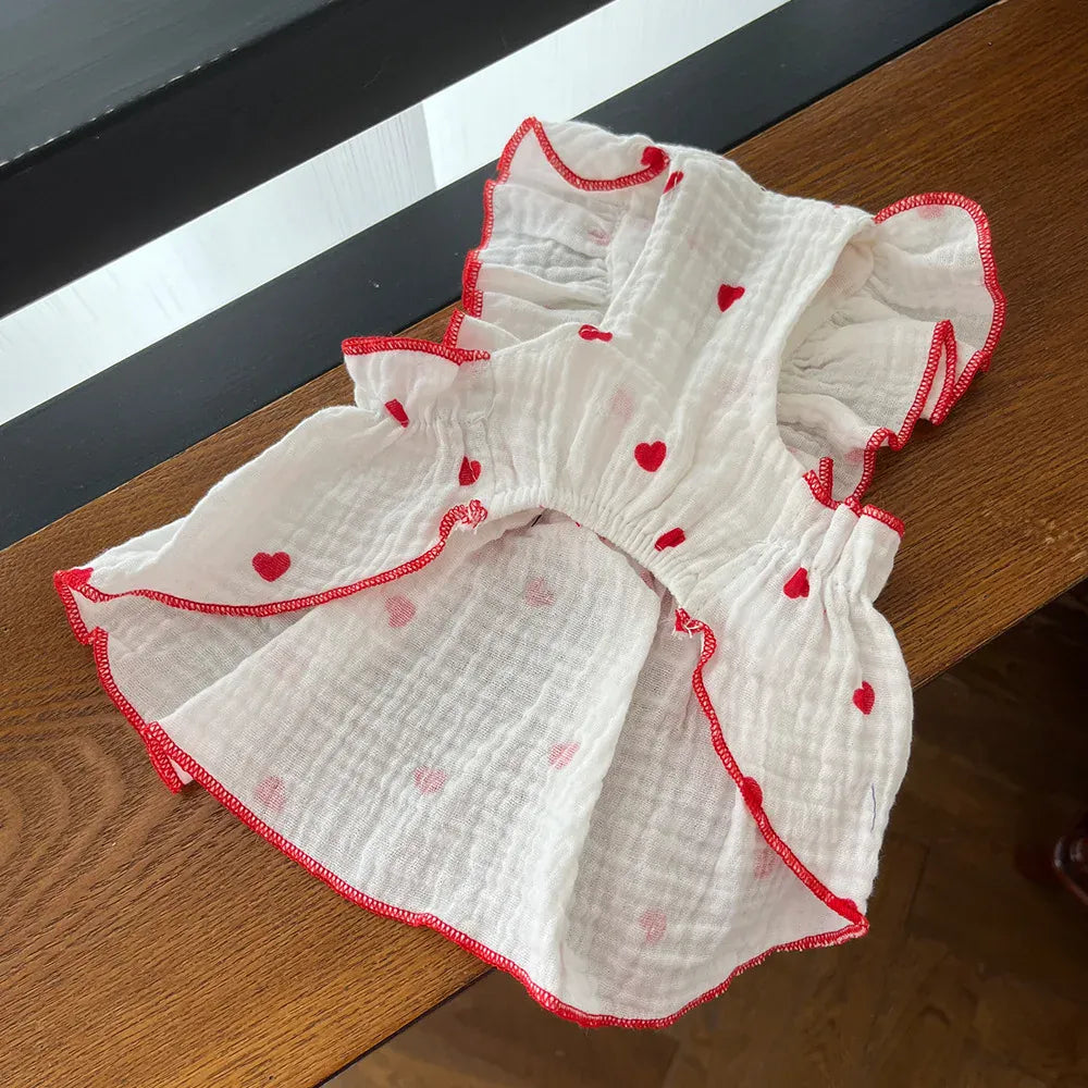 Cute Heart Print Pet Dress – Spring & Summer Cotton Outfit for Dogs & Cats | Lightweight Puppy Clothes for Small Pets