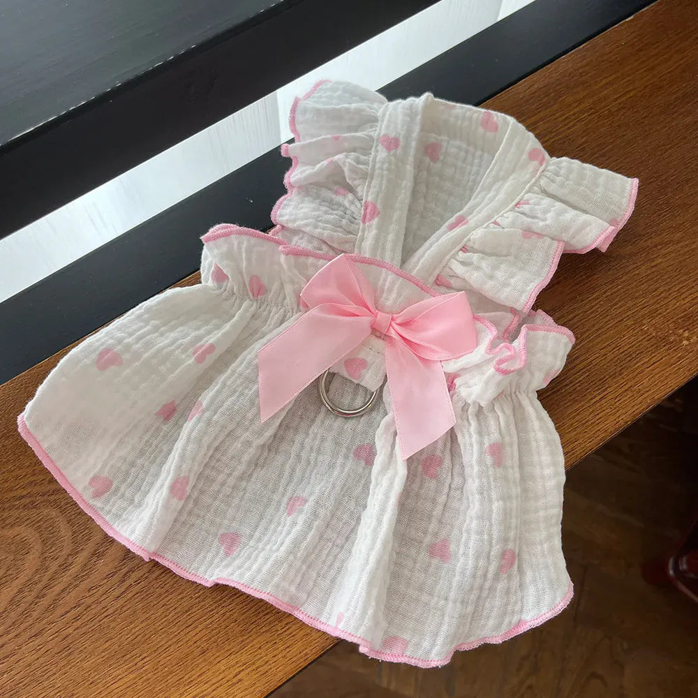 Cute Heart Print Pet Dress – Spring & Summer Cotton Outfit for Dogs & Cats | Lightweight Puppy Clothes for Small Pets