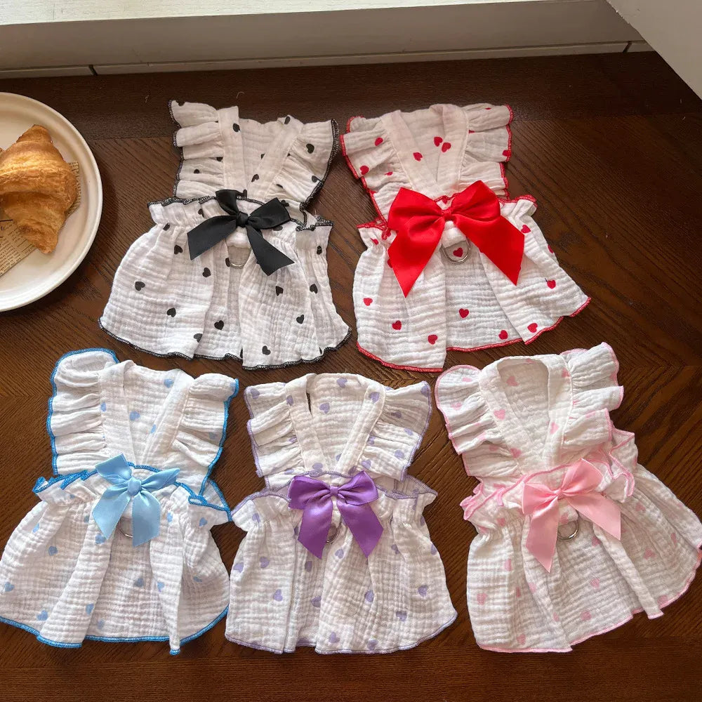 Cute Heart Print Pet Dress – Spring & Summer Cotton Outfit for Dogs & Cats | Lightweight Puppy Clothes for Small Pets