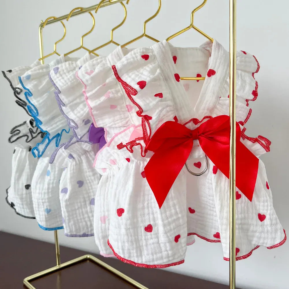 Cute Heart Print Pet Dress – Spring & Summer Cotton Outfit for Dogs & Cats | Lightweight Puppy Clothes for Small Pets
