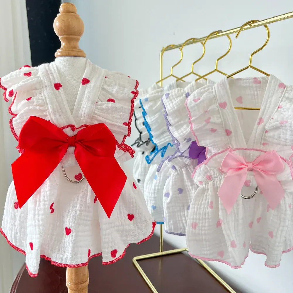 Cute Heart Print Pet Dress – Spring & Summer Cotton Outfit for Dogs & Cats | Lightweight Puppy Clothes for Small Pets