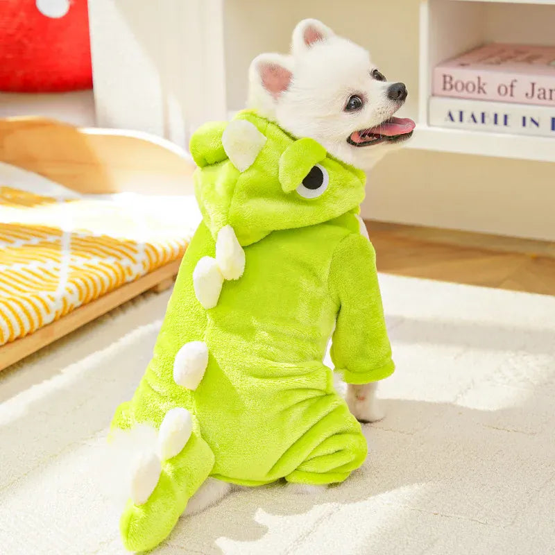 Dinosaur Transforming Dog Clothes - Flannel Winter Jumpsuit with Fun Costume Design