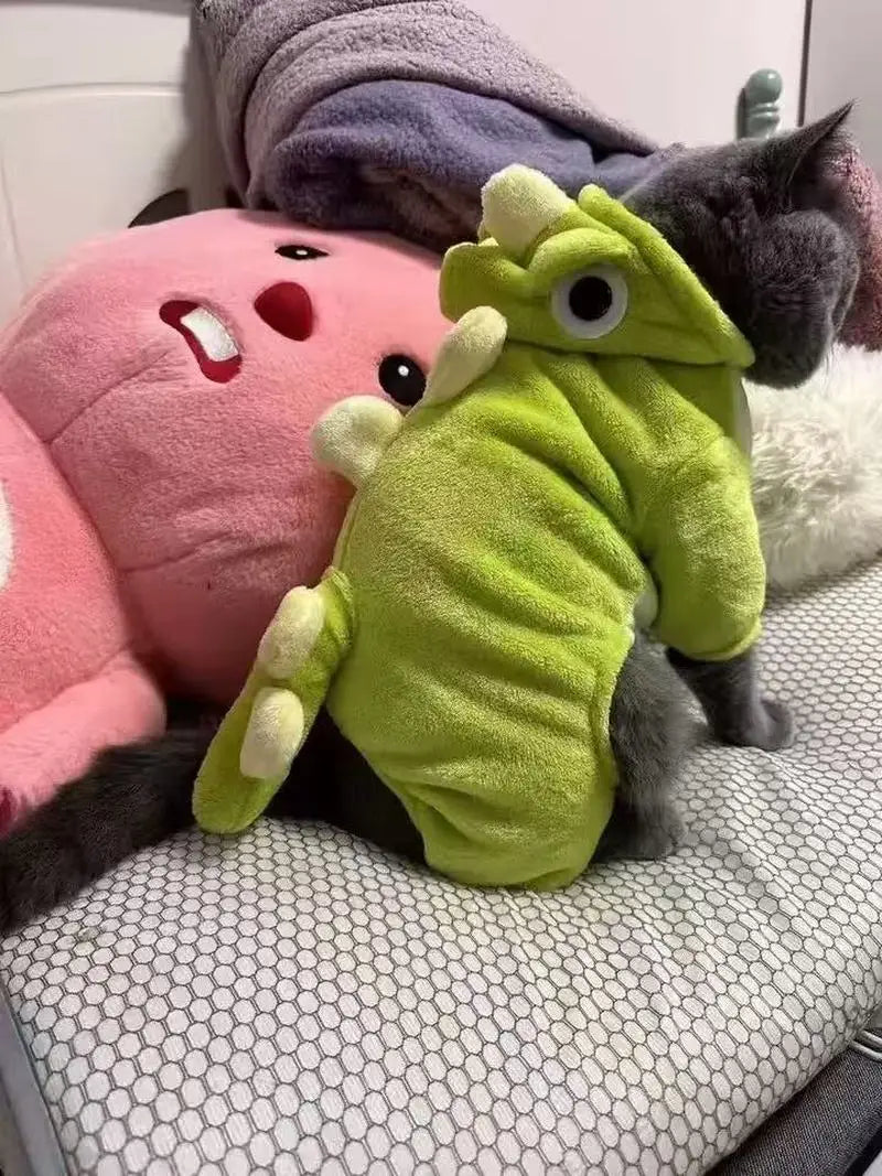 Dinosaur Transforming Dog Clothes - Flannel Winter Jumpsuit with Fun Costume Design