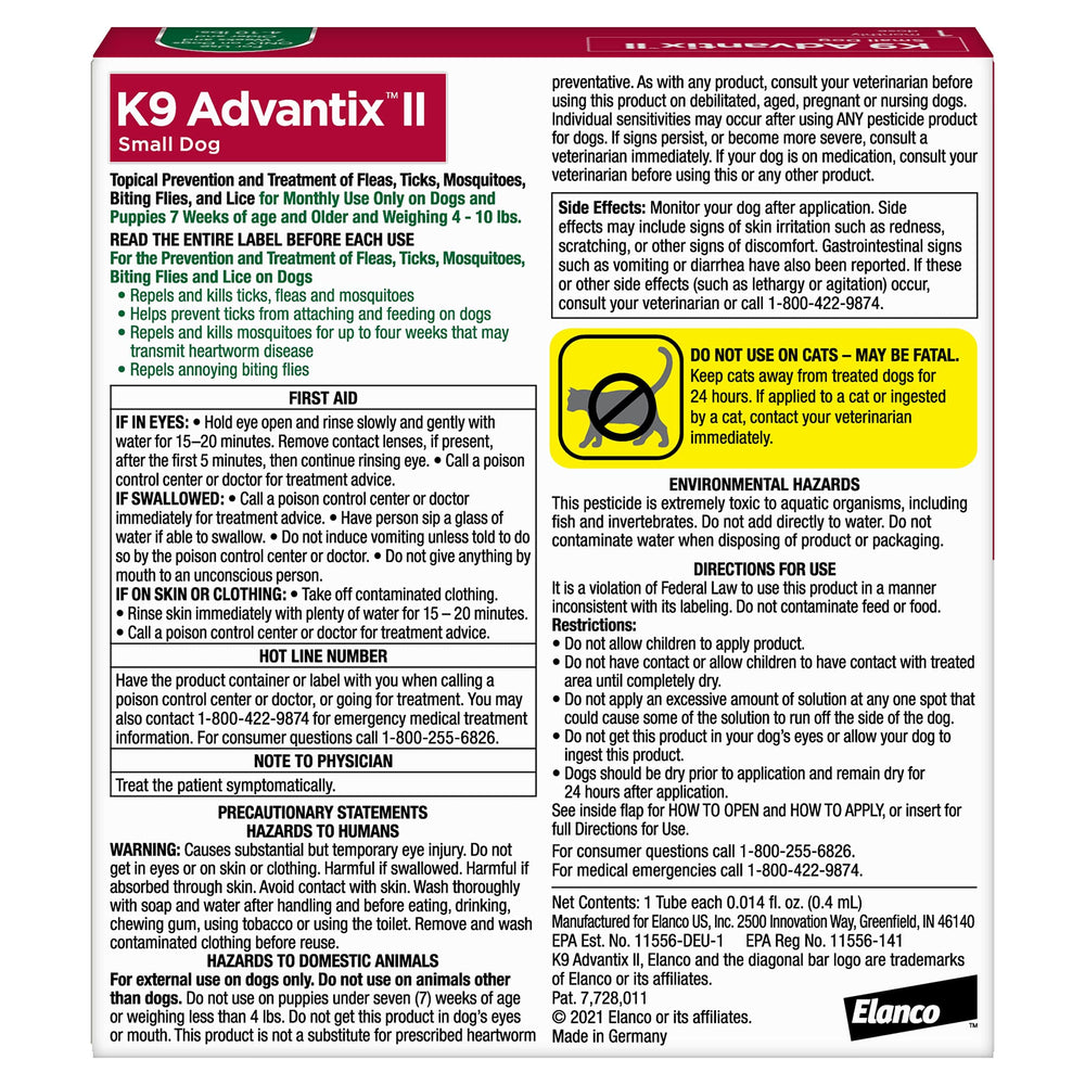 K9 Advantix II Small Dog – Vet-Recommended Flea, Tick & Mosquito Treatment for Dogs 4-10 lbs, 4-Month Supply